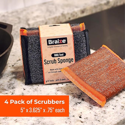 Heavy-Duty Steel Wool Scrubber Sponges 4 Pack – Stainless Steel Cleaning Pads for Dishes, Pots, Pans, Grills & Ovens – Durable Multi-Surface Kitchen Scrubbing Tools for Tough Grease & Burnt Food