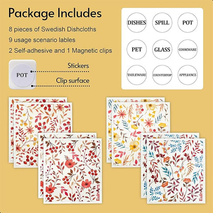Swedish Dishcloths for Kitchen, 8 Pack Watercolor Reusable Paper Towels with Clips, Non-Scratch Swedish Kitchen Towels, Super Absorbent Cellulose Sponge Cloths, Dishwasher Safe, No Odor