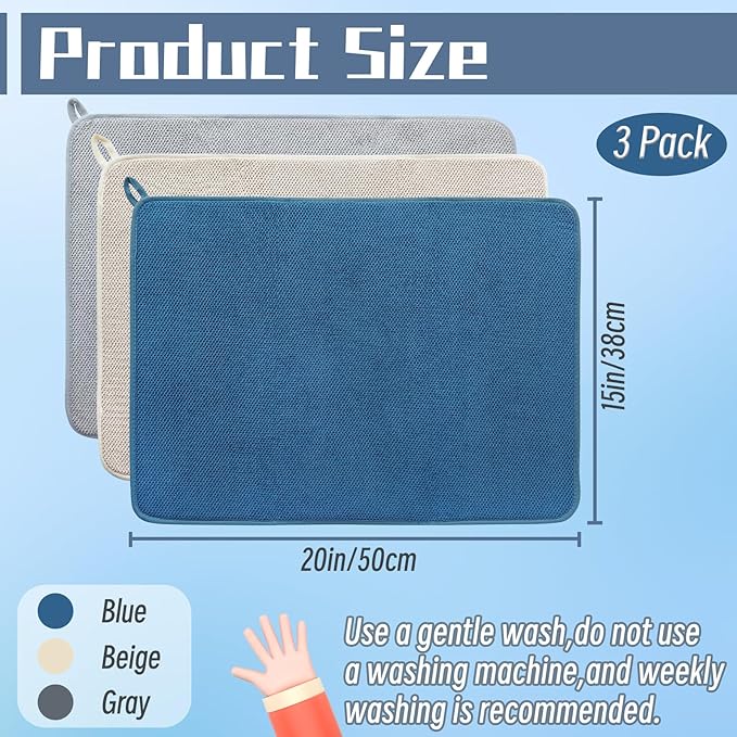 3 Pack Microfiber Dish Drying Mats,Ultra Absorbent Dish Drainer Mats,20x15" Large Size Kitchen Quick Dry Pads for Counter,Under Sink,Coffee Rack(Blue,Beige,Gray)
