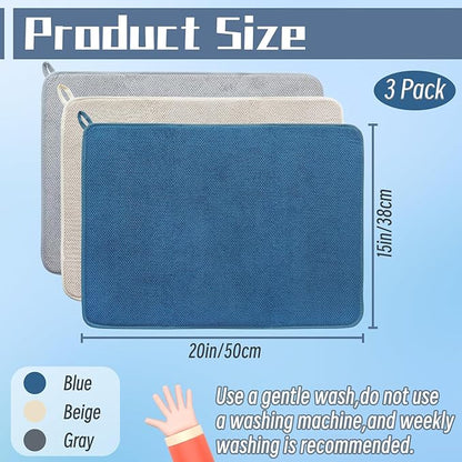 3 Pack Microfiber Dish Drying Mats,Ultra Absorbent Dish Drainer Mats,20x15" Large Size Kitchen Quick Dry Pads for Counter,Under Sink,Coffee Rack(Blue,Beige,Gray)