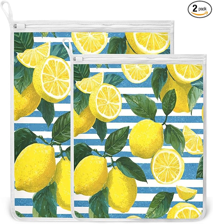 Mesh Laundry Bags Lingerie Bags for Washing Delicates 2 PCS Durable Wash Bag with Zipper Small and Medium Washable Blue Striped Summer Lemons