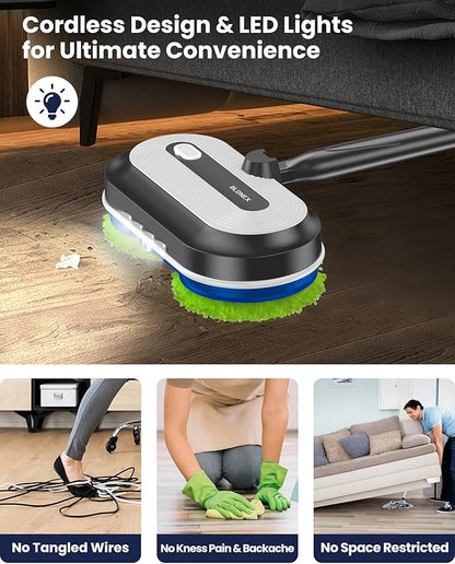 Cordless Electric Mop, Electric Spin Floor Mop with LED Headlights & Water Sprayer, Long-Lasting Battery, Large 290ml Tank, Self-Propelled Floor Cleaner with Adjustable Tube for All Floors