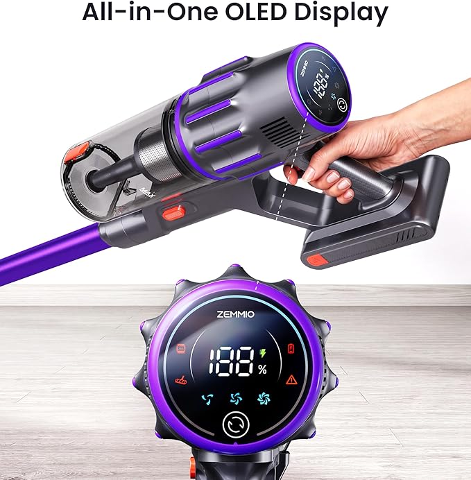 Cordless Vacuum Cleaner,650W 55KPA 90Mins Vacuum Cleaners for Home with Self-Standing,Smart Display,V-Shaped Anti-Tangle Brush,Wall Mount Charging,Cordless Stick Vacuum for Home,Floors,Carpet,Pet Hair