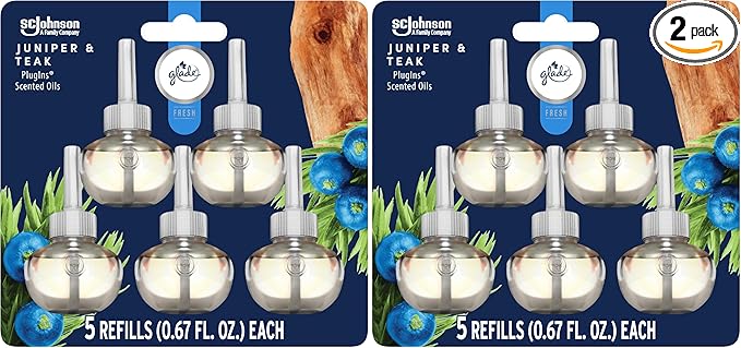 Glade PlugIns Refills Air Freshener, Scented and Essential Oils for Home and Bathroom, Juniper & Teak, Fresh Collection 3.35 Fl Oz,5 Count (Pack of 2)