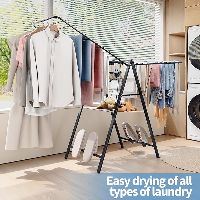 APEXCHASER Clothes Drying Rack Foldable, Metal Laundry Drying Rack with Height Adjustable Rails, Ultra Thin Drying Rack Clothing Towel Sweater Shoe for Indoor Outdoor, Gullwing Clothes Airer, Black
