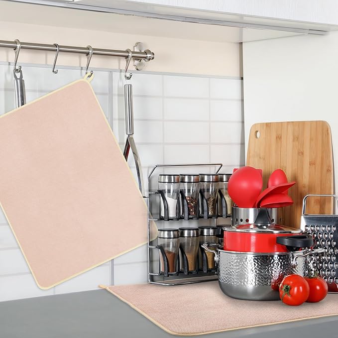 Hushee 2 Pack Extra Large Dish Drying Mat Microfiber Absorbent Dish Drying Pad Large Size Dishes Drainer Mats for Countertop, Sink, Refrigerator or Dryer (30 x 24 Inch,Beige)