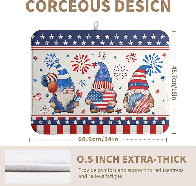 4th of July Dish Drying Mats for Kitchen Counter 18x24 In Memorial Independence Day Patriotic Gnome Stars Microfiber Drying Mat Fourth of July USA Super Absorbent Dish Rack Mat Drying Pad