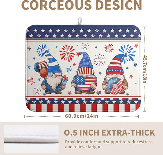 4th of July Dish Drying Mats for Kitchen Counter 18x24 In Memorial Independence Day Patriotic Gnome Stars Microfiber Drying Mat Fourth of July USA Super Absorbent Dish Rack Mat Drying Pad
