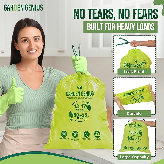 Biodegradable 13-17 Gallon Code-Q Trash Bags (50 Pack) | Strong Heavy-Duty Tall Green Kitchen Bags w/Drawstring | Fits Simplehuman & Standard Cans | Eco-Friendly D2W, 30 Micron Thick | 25.6" x 33.5"