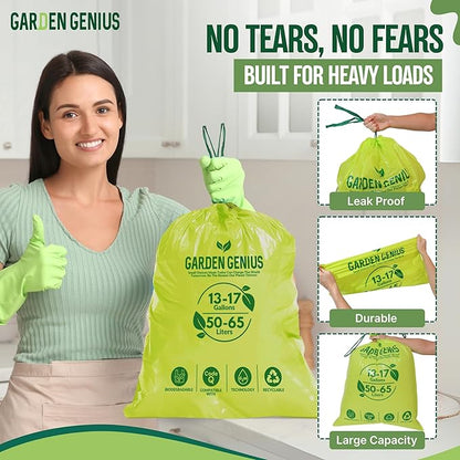 Biodegradable 13-17 Gallon Code-Q Trash Bags (50 Pack) | Strong Heavy-Duty Tall Green Kitchen Bags w/Drawstring | Fits Simplehuman & Standard Cans | Eco-Friendly D2W, 30 Micron Thick | 25.6" x 33.5"