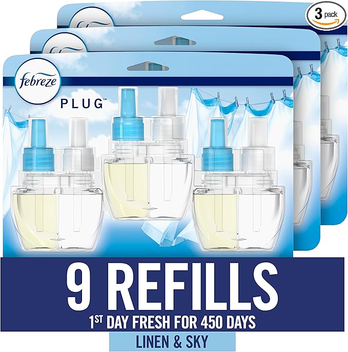 Febreze Plug In Air Freshener, Odor-Fighting Scented Oil Refill, For Home, Bathroom, & Kitchen, Long Lasting for Strong Odors, Linen & Sky Scent, 0.87oz Refills, 9 Count