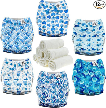 Mama Koala 3.0 Cloth Diapers for Babies with AWJ Lining, 6 Pack with 6 Natural Cloth Diaper Inserts - Reusable and Washable Pocket Diapers (Blue Romance)