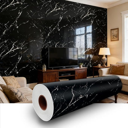 Black Statuario Marble Peel and Stick Wallpaper, Glossy Texture Vinyl Wall Panels, Waterproof Renter Friendly, 23.6" x 118", TV Accent Wall, Bathroom, Foyer, Coffee Shop Decor