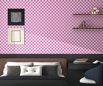 Modern Peel and Stick Wallpaper Pink and White Mosaic Checkered Contact Paper 17.7"x393" Self Adhesive Lattice Wallpaper Removable Decorative Wallpapers for Bedroom Countertops Cabinet Vinyl Roll