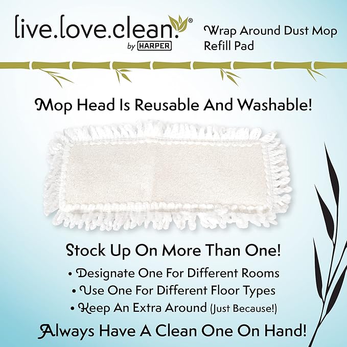 Harper Live.Love.Clean. Bamboo 2-in-1 Smooth Surface Wet/Dry Dust Mop with (2) Washable Wraparound Pads for Cleaning Dust, Pet Hair & Fine Dry Dirt