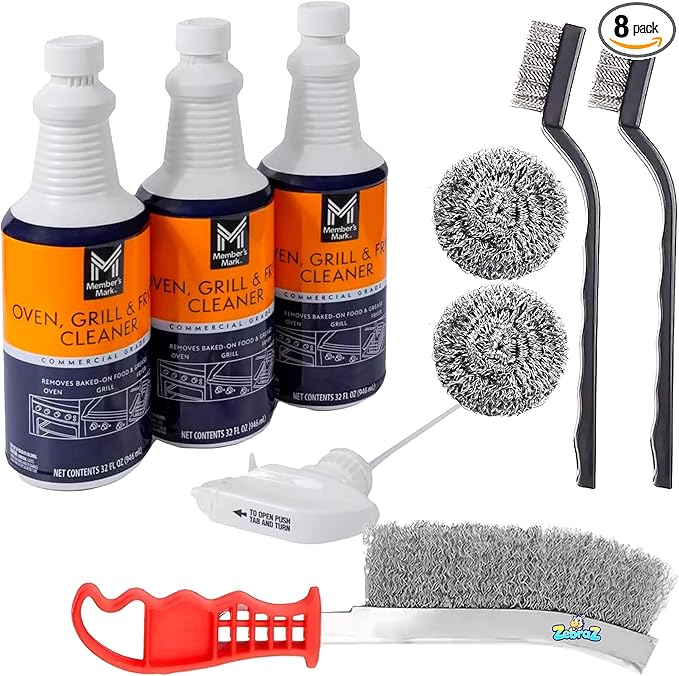 Heavy-Duty Oven, Grill & Fryer Cleaner Kit – 3 Bottles (32 fl oz Each) + Trigger Sprayer + 2 Steel Sponges + 2 Wire Brushes + 1 Big Wire Brush – Commercial Grade Grease Remover