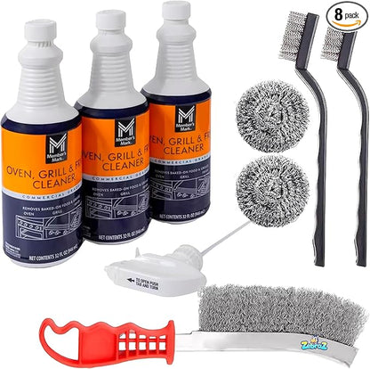 Heavy-Duty Oven, Grill & Fryer Cleaner Kit – 3 Bottles (32 fl oz Each) + Trigger Sprayer + 2 Steel Sponges + 2 Wire Brushes + 1 Big Wire Brush – Commercial Grade Grease Remover