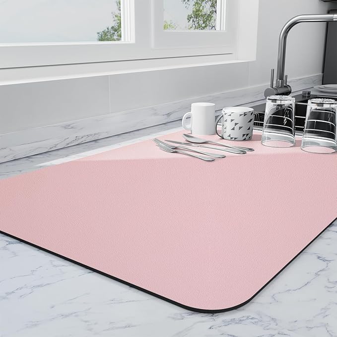 Ecotrim - Dish Drying Mat for Kitchen Counter | Coffee Bar Mat for Countertops | Heat Resistant Drainer Mat with Non-slip Rubber Backed | Hide Stain Kitchen Absorbent Draining Mat | Pink 16"x24"