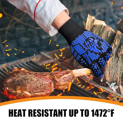 BBQ Gloves, Oven Gloves, 1472°F Extreme Heat Resistant Barbecue Gloves, Silicone Non-Slip Oven Mitts, Kitchen for Cooking, Grilling, and Baking (Blue)