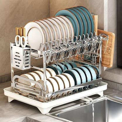 TarnorLe Double Layer Dish Drying Rack, Storage Super Large Bowl Dish Rack, Multifunctional Kitchen Countertop with Drain Pan, 304 Stainless Steel Kitchen Drying Rack, Tableware, Glass Drying Rack
