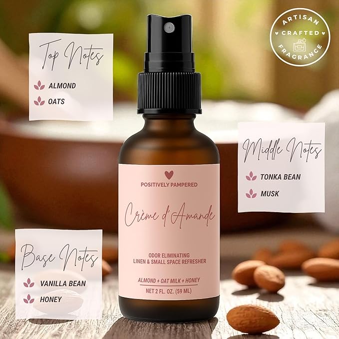 Crème d’Amande Luxury Small Space Air & Linen Freshener Spray - Almond + Oat Milk + Honey - Artisan Blended Home Fragrance - Non Toxic Room Spray + Odor Eliminator - 2 oz Travel Size