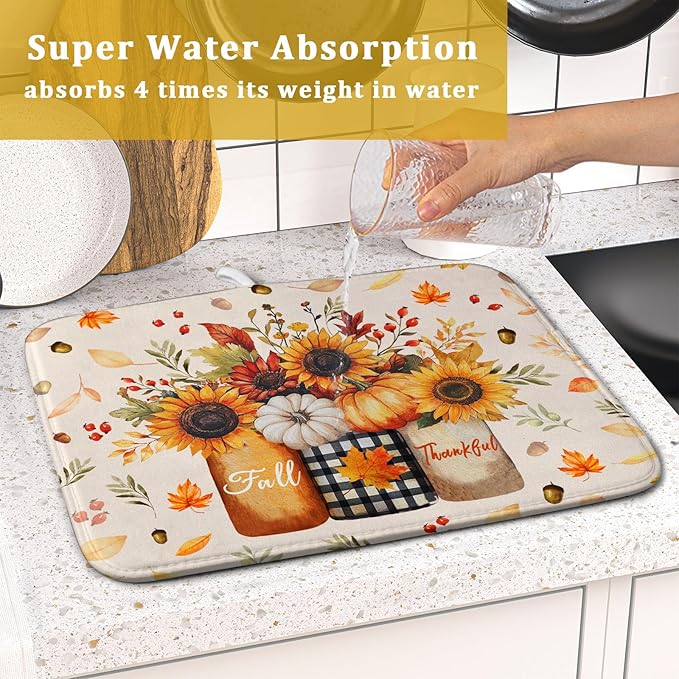 Autumn Sunflowers Vase Dish Drying Mat for Kitchen Counter,Fall Pumpkin Maple Leaves Drying Mat 16 x 18 Inch with High Absorbent Microfiber Dish Drying Drainer Mat for Coffee Bar