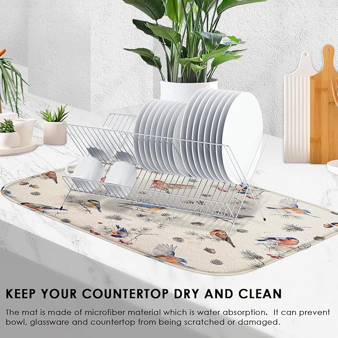 Sanwarm Absorbent Dish Drying Mat, Vintage Birds Watercolor Cute Floral Microfiber Pad for Kitchen Counter, Coffee Bar Decor, Heat Resistant and Reversible, 16" x 18"