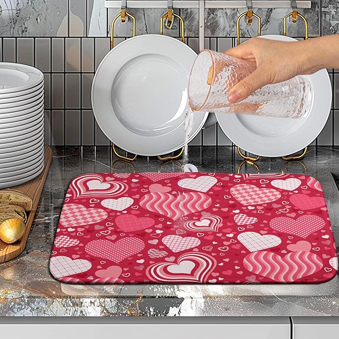 Valentine's Day Red Pink Love Heart Drying Mat for Kitchen Counter - Absorbent Microfiber Dish Drainer Mats - Medium Drying Pad - 16x18 Inch