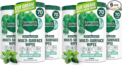 Seventh Generation Multi Purpose Wipes All Purpose Cleaning Garden Mint scent with 100% Essential Oils and Botanical Ingredients,70 Count (Pack of 6)