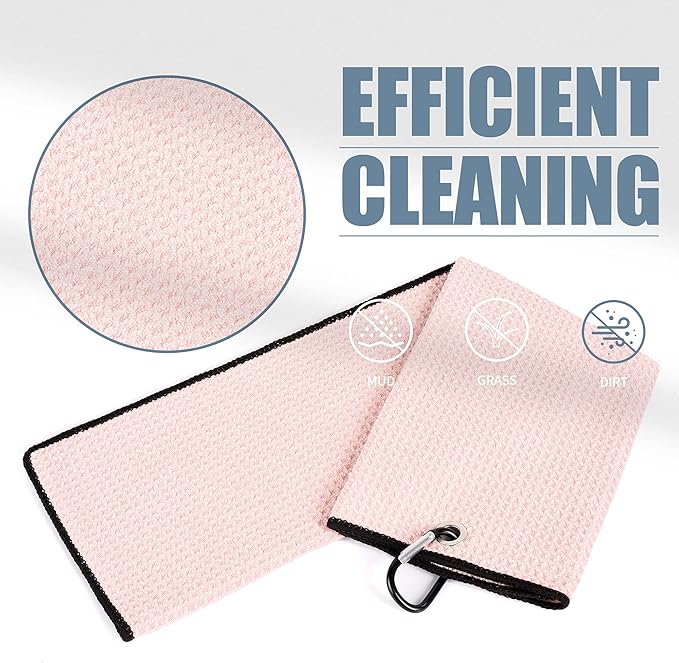 Mile High Life Microfiber Golf Towel, 21" X 24", Waffle Pattern w Clip, Super Absorbent Tri-fold Large Towels, Golf Bag Accessories for Men & Women（Pink）