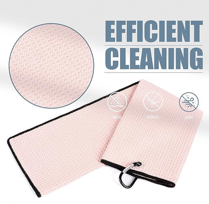 Mile High Life Microfiber Golf Towel, 21" X 24", Waffle Pattern w Clip, Super Absorbent Tri-fold Large Towels, Golf Bag Accessories for Men & Women（Pink）