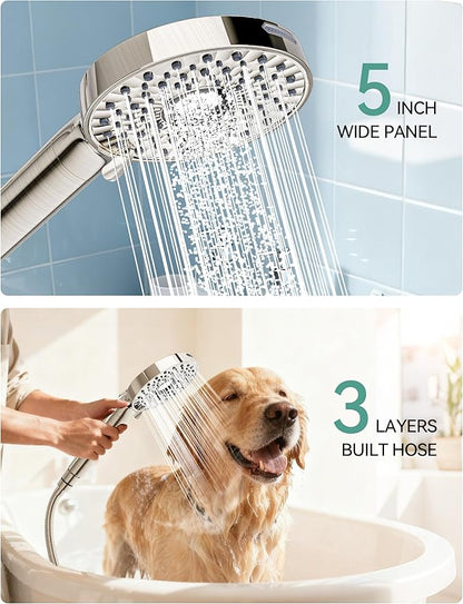Magichome Filtered Shower Head with Handheld, High Pressure 10-Spd Detachable Chrome Showerhead with Stainless Hose, Water Softener Filter Beads for Hard Water - Remove Chlorine, Brushed Nickel-Silver