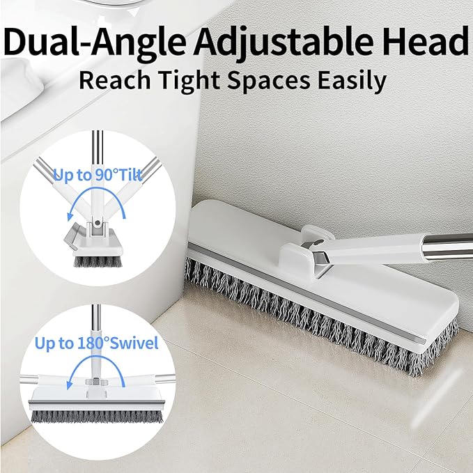 Floor Scrub Brush with 55" Long Handle, 2-in-1 Floor Brush with Built-in Squeegee, Adjustable Angle Head and Stiff Bristles for Tile, Wood, Concrete & Textured Floor Cleaning
