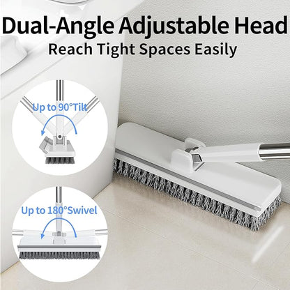 Floor Scrub Brush with 55" Long Handle, 2-in-1 Floor Brush with Built-in Squeegee, Adjustable Angle Head and Stiff Bristles for Tile, Wood, Concrete & Textured Floor Cleaning