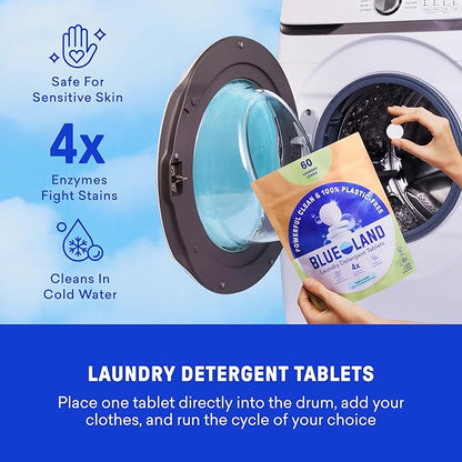 BLUELAND Laundry Essentials Kit, Spring Bloom - Plastic-Free Laundry Detergent Tablets, Oxi Booster, and Reuseable Natural Wool Dryer Balls