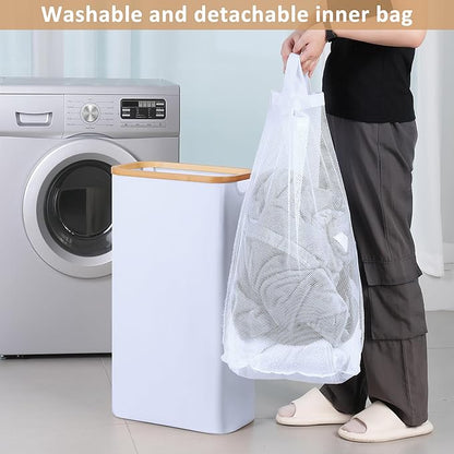 60L Slim Laundry Hamper, Narrow Laundry Basket with Lid,Foldable Clothes Hamper with Bamboo Handles,Hamper Basket with Removable Inner Bag for Laundry Room Bedroom College Dorm,15.85 Gals White
