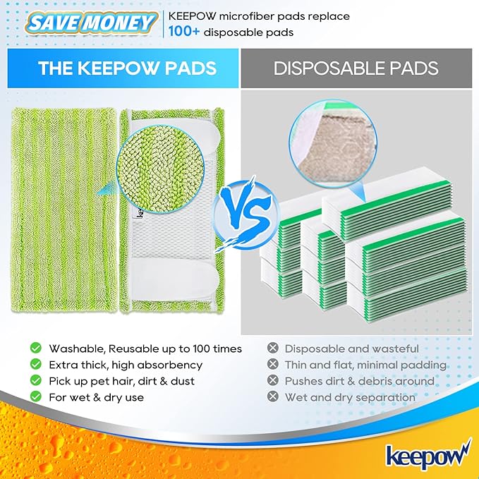 KEEPOW Reusable Mop Pads Compatible with Swiffer Sweeper – Washable Microfiber Floor Cleaning Refills for Wet & Dry Use – 10.6" x 5.1", 4 Pack