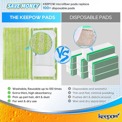 KEEPOW Reusable Mop Pads Compatible with Swiffer Sweeper – Washable Microfiber Floor Cleaning Refills for Wet & Dry Use – 10.6" x 5.1", 4 Pack