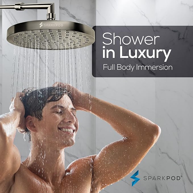 SparkPod Shower Head - High Pressure Rain - Premium Quality Luxury Design - Easy Clean Adjustable Replacement for Your Bathroom Shower Heads (Elegant Brushed Nickel, 8 Inch Round)