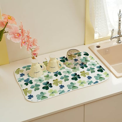 Spring Dish Drying Mat 18x24 Inches For Kitchen Counter Absorbent Green Lucky Clover Kitchen St. Patrick's Day Leaf Drying Mat Pad For Home Kitchen,Dining Room,Office Decoration