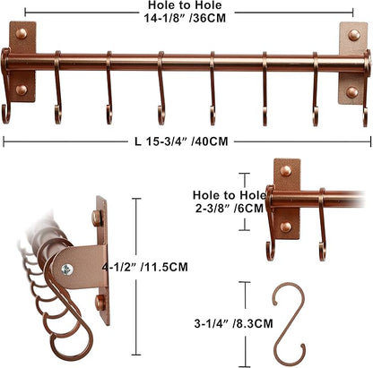 Dseap Kitchen Utensil Holder Hanger, Pot and Pan Rack Wall Mounted, Kitchen Rail with 8 Hooks for Hanging Cooking Utensils, Mugs, Spoons, Wall Mounted, Rose Gold