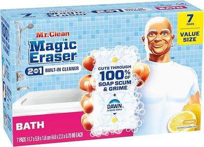 Mr. Clean Magic Eraser Sponge, Bathroom Cleaner, Shower Cleaner, Tub Cleaner, Soap Scum Remover, Bathroom Cleaning Supplies, Dawn Cleaning Power with Lemon Scent, 2 in 1 Bath, 7ct