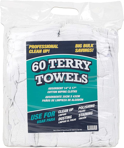 Arkwright TT60 Terry Cloth Rags, Pack of 60, 100% Cotton Cleaning Towels for Kitchen, Auto Shop and Bar Use, Absorbent Machine Washable, 14 x 17 in, White