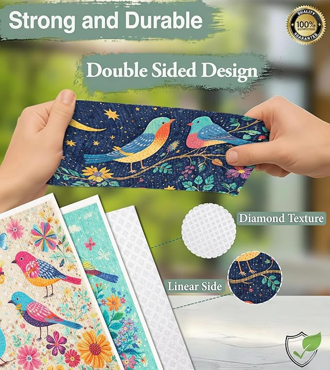 10 PCS Birds Print Swedish Dishcloths for Kitchen 100% Biodegradabl, Reusable Cellulose Sponge Cloth, Ultra Absorbent, Eco Friendly Cleaning Towels | Dishcloths for Washing Dishes & General Cleaning