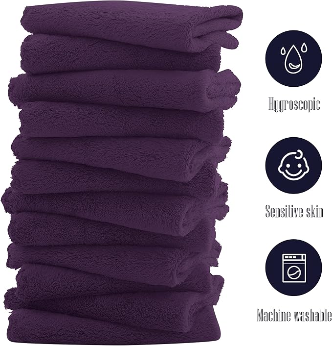 16 Pack Baby Washcloths - Luxury Coral Fleece - Extra Absorbent and Soft Wash Clothes for Newborns, Infants and Toddlers - Suitable for Sensitive Skin and New Born - Baby Shower - Plum, 10x10 Inch