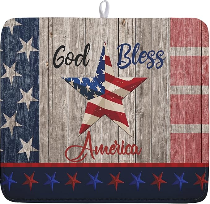 Kawani 4th of July Dish Drying Mat 16x18 Inch Patriotic God Bless America Memorial Kitchen Mats Independence Day Absorbent Dishes Pad for Kitchen Counter USA Star Drying Mat Home Decor for Countertop