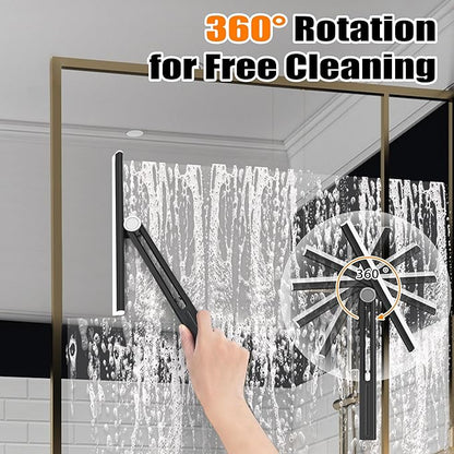 NEWE Shower Squeegee 2 Packs for Glass Doors, All-Purpose 360° Rotating Black Silicone Scraper Cleaner Tool for Tile, Walls, Mirror, Car Window, Countertop, Bathroom, 11 Inches