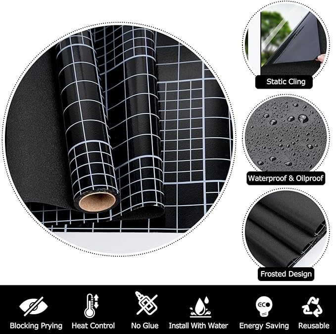 HIDBEA Blackout Window Film,100% Light Blocking Room Darkening Window Privacy Film,Frosted Glass Window Film Heat Control, Removable Window Cover Tint for Day Sleep (Black,17.5in x 6.5ft)