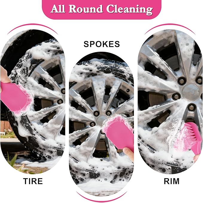 Pink Wheel Brush for Women, Soft Bristle Tire Brushes, Car Rim Cleaning Brush for Auto, Home & Motorcycles