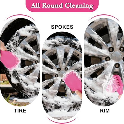 Pink Wheel Brush for Women, Soft Bristle Tire Brushes, Car Rim Cleaning Brush for Auto, Home & Motorcycles